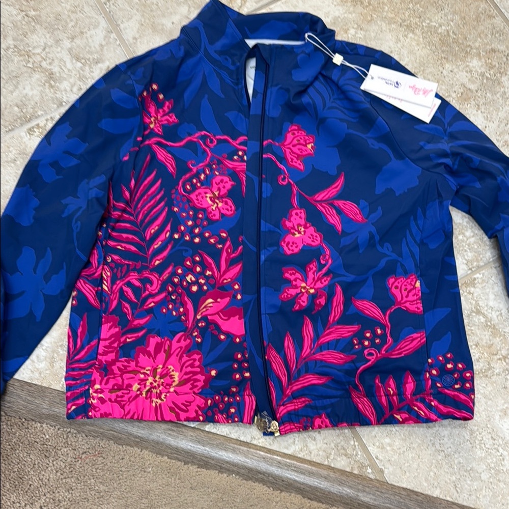 Lilly Pulitzer Aegean Jacket Blue Med Floral Blue and Pink Jacket